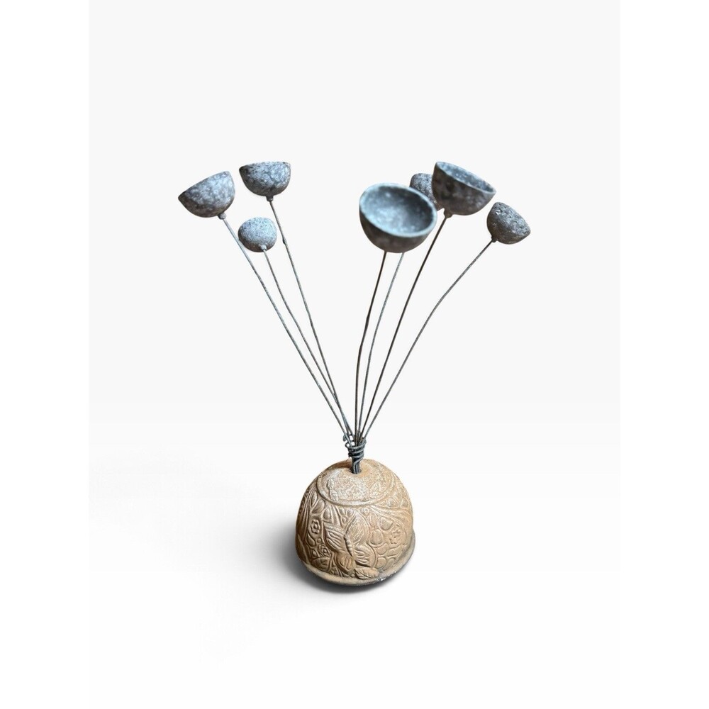 Vtg Woodstock Garden Bells Kinetic Wire Sculpture Ceramic Stone Base Chimes